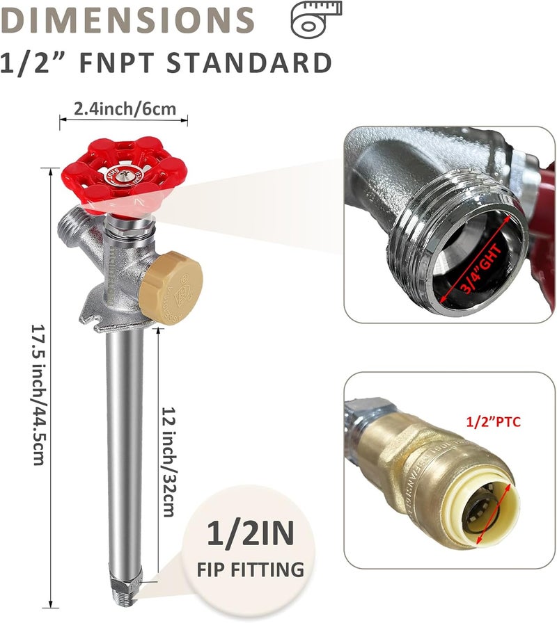 Young Dance 12inch Anti-Siphon Frost Free Sillcock, No Lead Brass Frost Proof Outdoor Faucet Bib with Backflow Preventer, 1/2" Push-to-Fit Connector X 3/4 Inch Hose Bibb Frost Free Spigot - Image 3